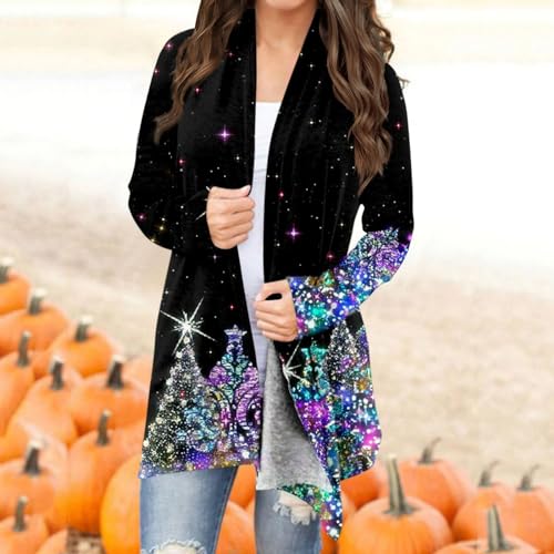 Plus Size Ugly Christmas Cardigan for Women - Long Sleeve, Open Front, Black, XX-Large