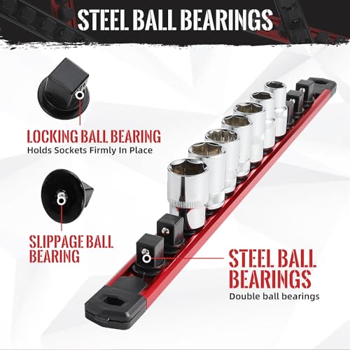 Magnetic Socket Organizer, 3-Piece Heavty Duty Aluminum Socket Holder, Socket Rail for Tool Box, Premium Quality 360¡Æ Swivel Socket Rack Kit with 40 Clips for 1/2, 3/8, 1/4-Inch(Red)