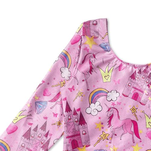 Long Sleeve Gymnastics Leotard for Girls - Sparkly Pink Castle, 3-4T