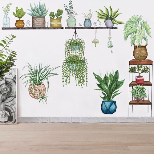 Green Plants Potted Wall Decals Tropical Plants Green Leaves Wall Stickers, DIY Vinyl Nature Wallpaper, for Living Room Background Wall Decoration Kids Bedroom Kitchen Office Girl Room