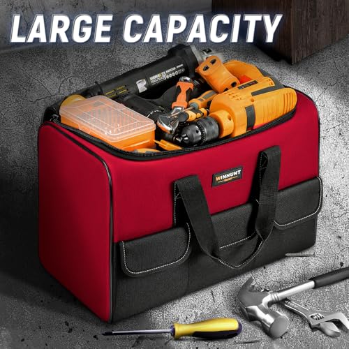 Tool Bags for Men, 17inch Tool Bag Organizer with 6Pockets, Waterproof 600D Fabric Cloth, 16.9 x 11.8 x 9.8 inches, Red and Black, Double Zipper