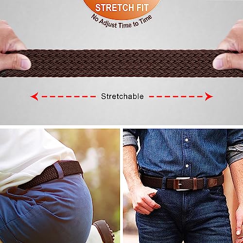 BULLIANT 2-Pack Men's Woven Braided Stretch Web Belts, 52-56 Inch Waist, Gift Boxed - Black & Deep Brown, Adjustable