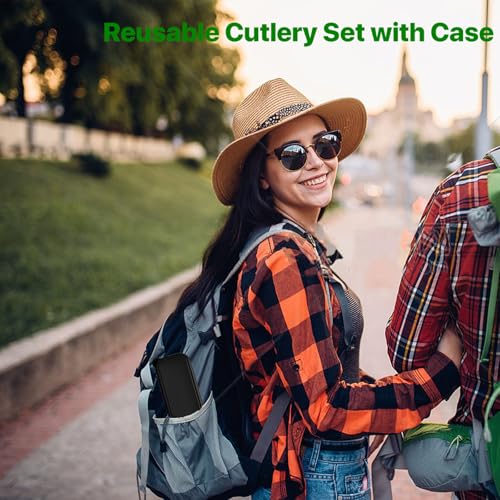 Reusable Travel Utensil Set with Case - Wheat Straw Portable Cutlery - Black