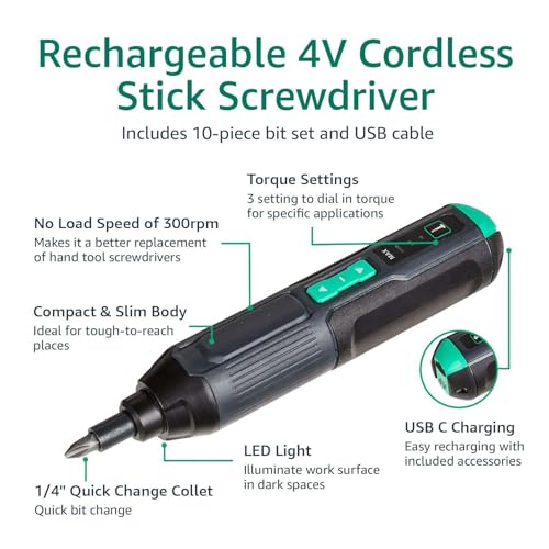 Amazon Basics 4V Cordless Stick Screwdriver with 10-Piece Bit Set, USB-C Cable & LED Light