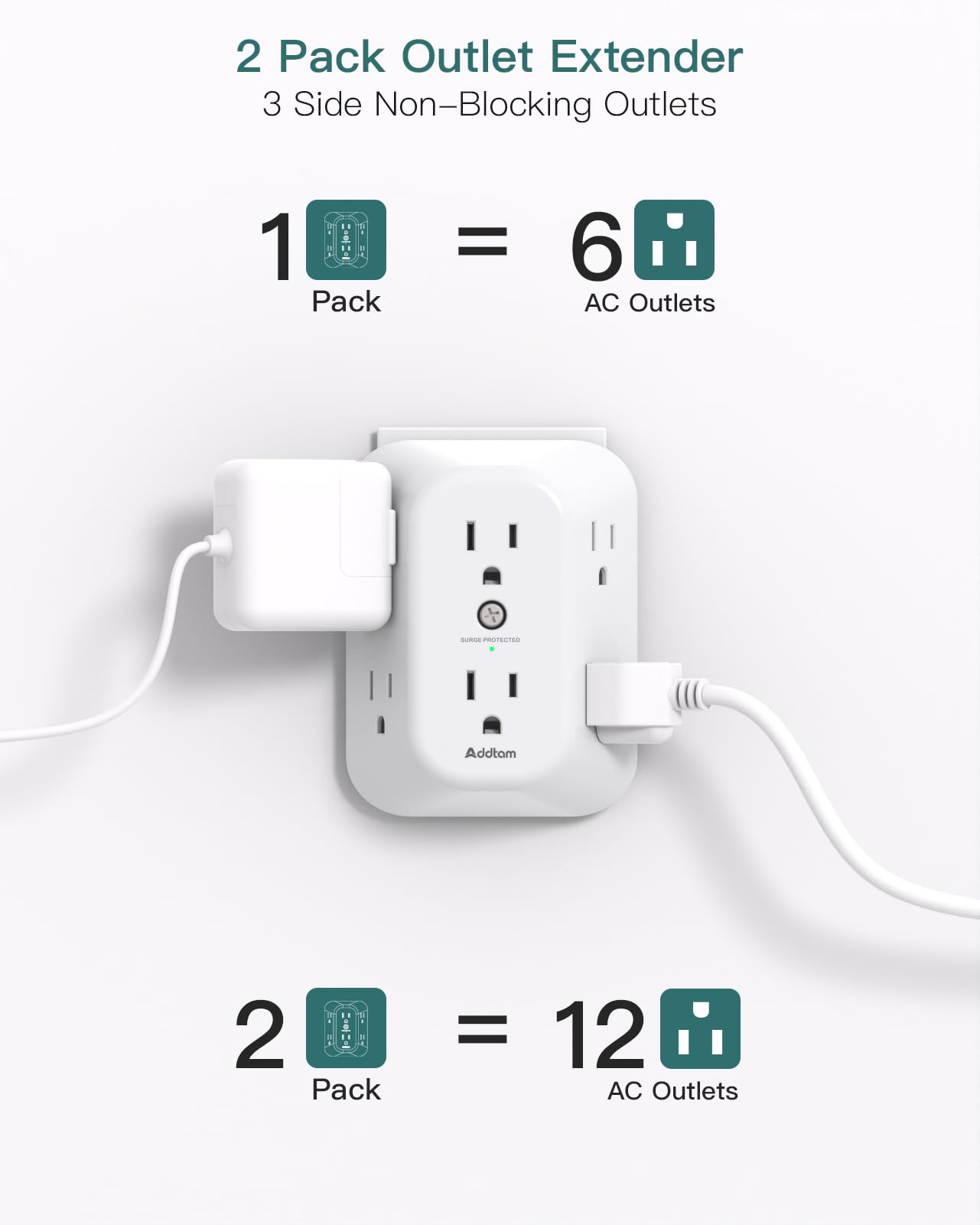 2-Pack Surge Protector Outlet Extender, Outlet Splitter, 6 AC Multi Plug Wall Outlet, Outlet Adapter with 1800J, Plug Extension Outlet for Home Office Dorm Room