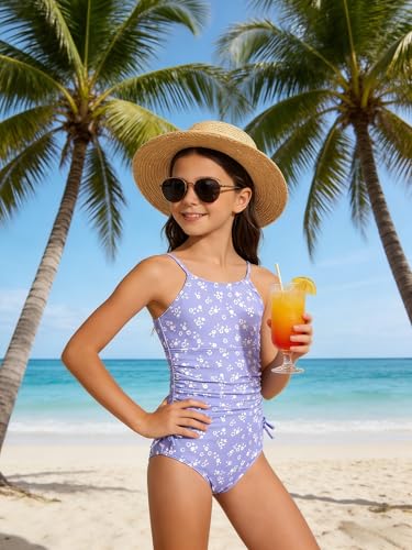 Girls Floral One-PPiece Swimsuit with Cover-Up Skirt Set – Size 6-13