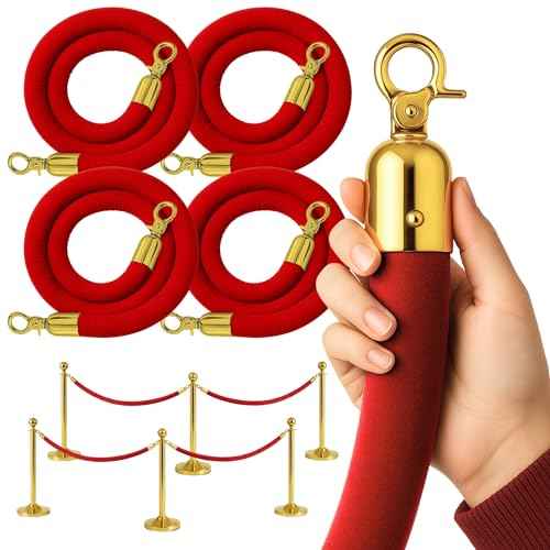 4PCS 42mm Thick Red Velvet Ropes for Crowd Control ? 5FT Premium Stanchion Rope with Hooks Velvet Ropes and Posts for Red Carpet Stanchions Events Weddings Parties