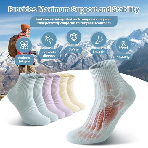 TooTooLong Women's Arch Compression Athletic Socks 6 Pairs Multi-Color Moisture-Wicking Seamless Toe