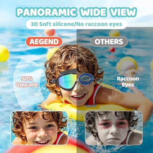Aegend Aqua & Black Kids Swim Goggles with Bungee Strap – No Leaking Anti-Fog, Small (Ages 6-14)