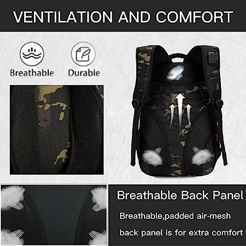 Outdoor Plus Black Camo 40L Tactical Boys School Backpack with USB Port