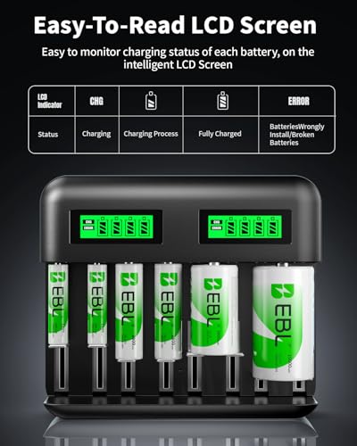 EBL 8 Bay LCD Rechargeable Battery Charger for AA AAA C D Ni-MH Batteries, Type-C Input