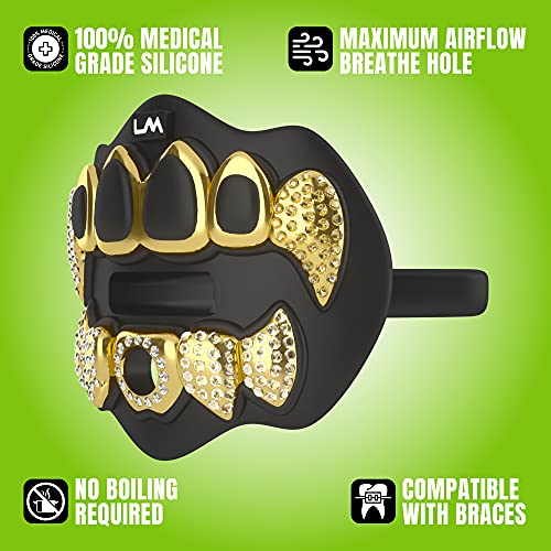 Loud Mouth 3D Chrome Grillz Football Mouth Guard for Youth & Adults, No-Boil, Braces-Friendly, with Strap (Gold & Black)