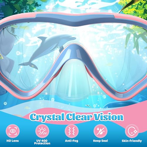 Kids Swim Goggles with Nose Cover - Anti-Fog Diving Mask - Blue Pink