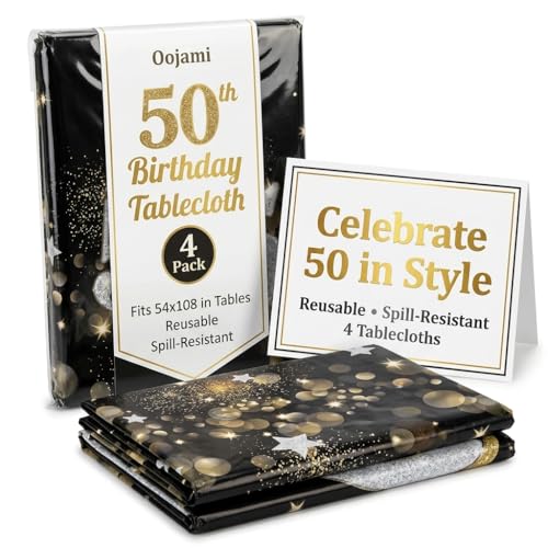 50th Birthday Tablecloths - Black & Gold, 4 Pack, 54" x 108"