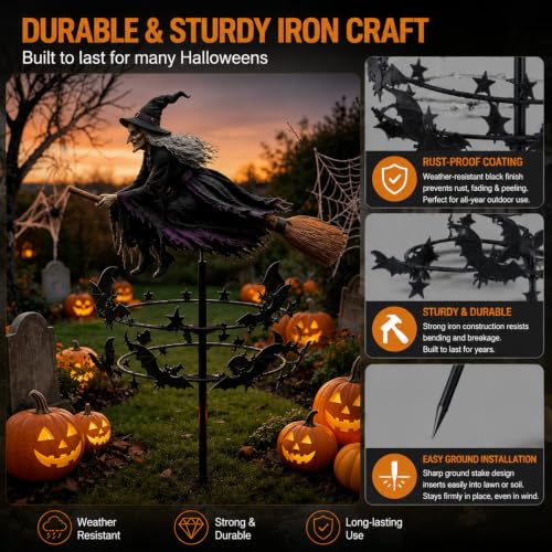 Wind-Powered Witch Spinning Garden Stake - Halloween Decor