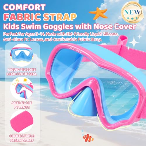 Vvinca Kids Swim Goggles with Nose Cover - Pink Blue / Vibrant, No Leak, Soft Fabric Strap, Impact-Resistant Lenses, Age 3-14