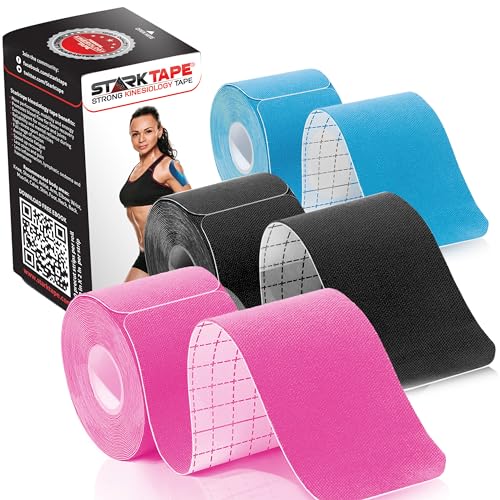 Starktape Kinesiology Tape Athletic Support - 3 Rolls, 60 Precut Strips, Latex-Free, Black/Blue/Pink