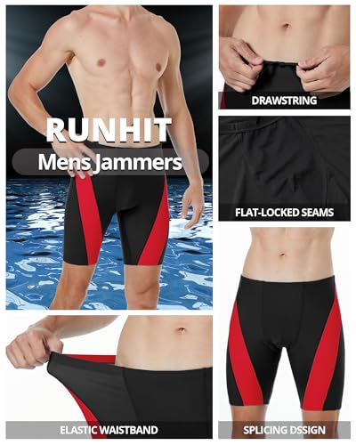 Runhit Men's Swim Jammers - Competitive Racing Sports Swimsuit, Quick Dry, UPF 50+ - Black & Red, Large