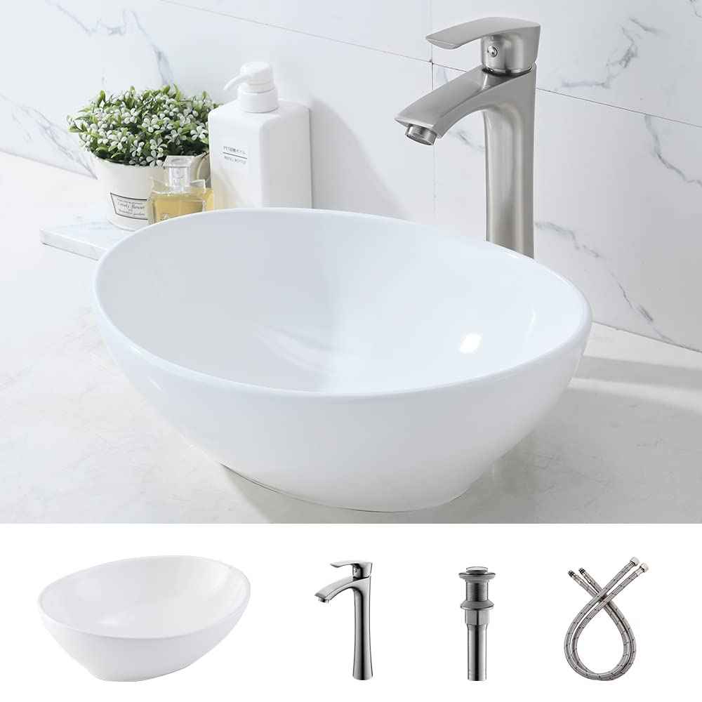 Oval Vessel Sink with Faucet and Drain Combo -Bokaiya 16x13 White Bathroom Sink Above Counter Oval Sink Porcelain Ceramic Vessel Sink Art Basin