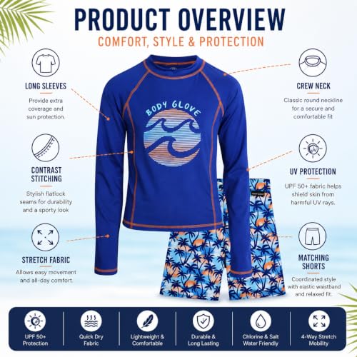 Body Glove Boys 2-Piece Swim Set Rash Guard & Trunks Navy Palm Trees 12