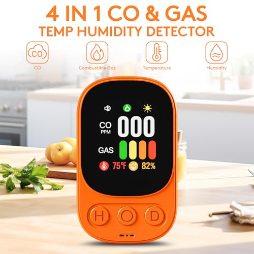 1-Pack 4-in-1 Carbon Monoxide Detector Plug in - Real-Time Gas, Temp & Humidity Detection, Clear Alerts, Compact Design Orange