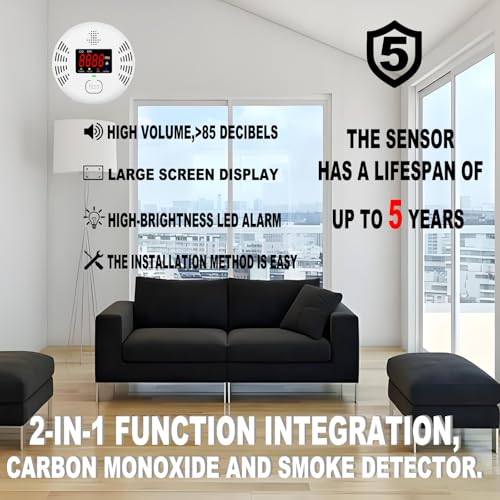 Carbon Monoxide and Smoke Detector Equipped with LCD Display, Battery Powered, Dual Sensor Alarm, 85dB Voice Alarm and Real-time CO Tracking, Suitable for Home/Kitchen/Bedroom/RV 4Pack