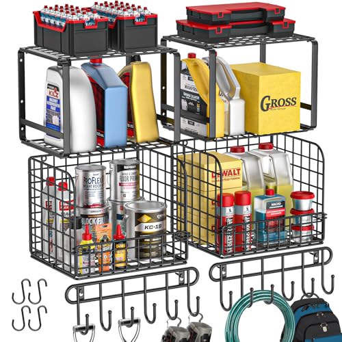 TomCare 2 Pack Garage Shelving Heavy Duty Garage Storage Shelves with Wire Baskets Laundry Room Shelves Wall Mounted shelving Tool Organizer for Shed Garden Kitchen Organization and Storage