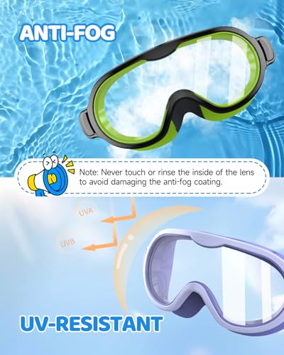 Swim Goggles for Kids 6-14 - Anti-Fog Anti-UV Wide View - 2 Pack - Black Green & White Purple