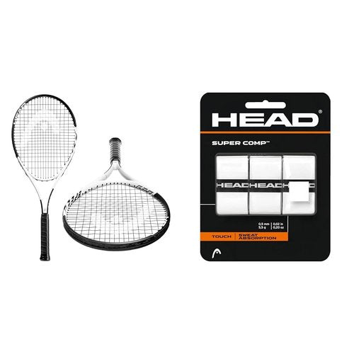 HEAD Geo Speed Adult Tennis Racket - Pre-Strung Head Light Balance 27.5 Inch Racquet - 4 3/8 in Grip, Black/White & Super Comp Racquet Overgrip - Tennis Racket Grip Tape - 3-Pack, White