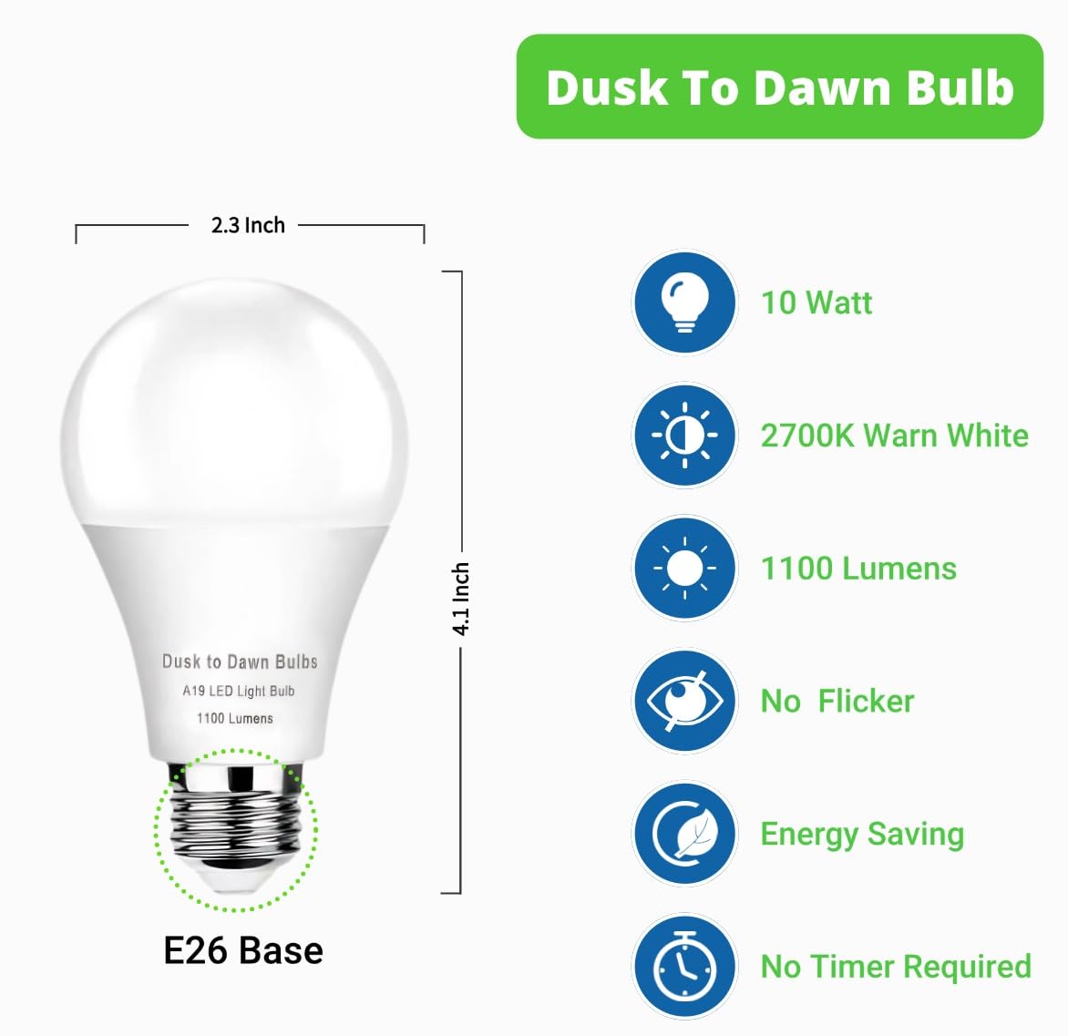 4 -Pack Dusk to Dawn Light Bulbs Outdoor,75 Watt Equivalent, Sensor 10W A19 LED Light Bulb,2700K Warm White 1100 Lumens, Auto on/Off Photocell Automatic for Outdoor Lighting