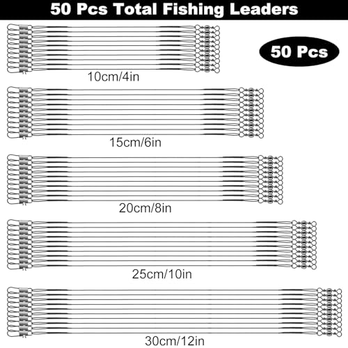 50Pcs Stainless Steel Fishing Wire Leaders with Swivels & Snaps - Black