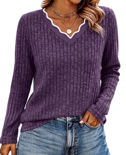 WIHOLL Women's Long Sleeve Fall Tunic Top with Scallop Neck - X-Large Purple