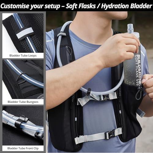 Build & Fitness Black Hydration Vest with 1.5L Bladder & 2 Soft Flasks for Running & Hiking