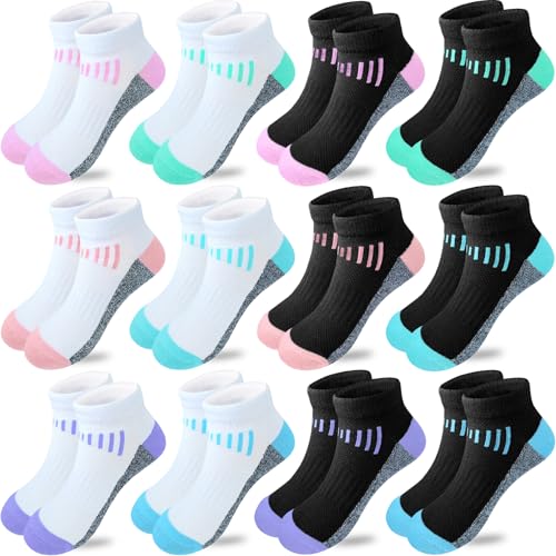 Girls Athletic Ankle Socks 12 Pairs for Kids - White & Black, 7-10 Years