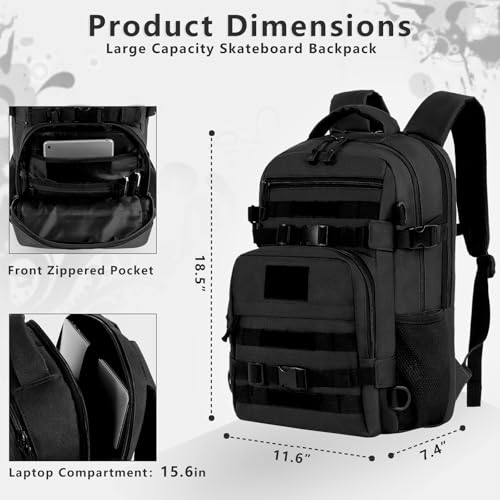 LASUK Large Skateboard Backpack with Laptop Compartment Black - Water-Resistant & Anti-Theft