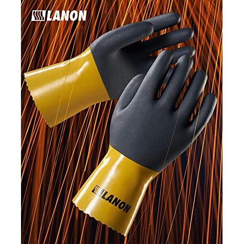LANON 3 Pairs PVC Chemical Gloves, Thick Rubber Work Gloves, Heavy-Duty, EN 374/388, Acid, Alkali and Oil, Non-Slip, Large
