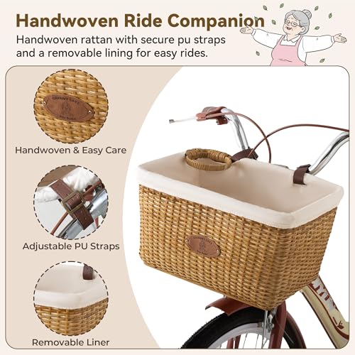 Khaki Wicker Bike Basket Front with Cup Holder for Women & Men