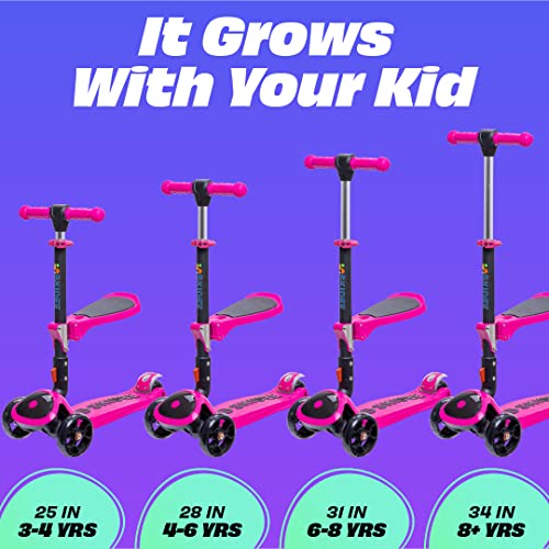SKIDEE Pink Kick Scooter for Kids 3-5 - Foldable 3-Wheel Lean-to-Steer, Adjustable 25"–33", Removable Seat, LED Light Wheels