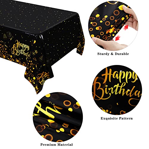 Happy Birthday Tablecloths - Black Gold Plastic, 2 Pack, 54 x 108 Inch