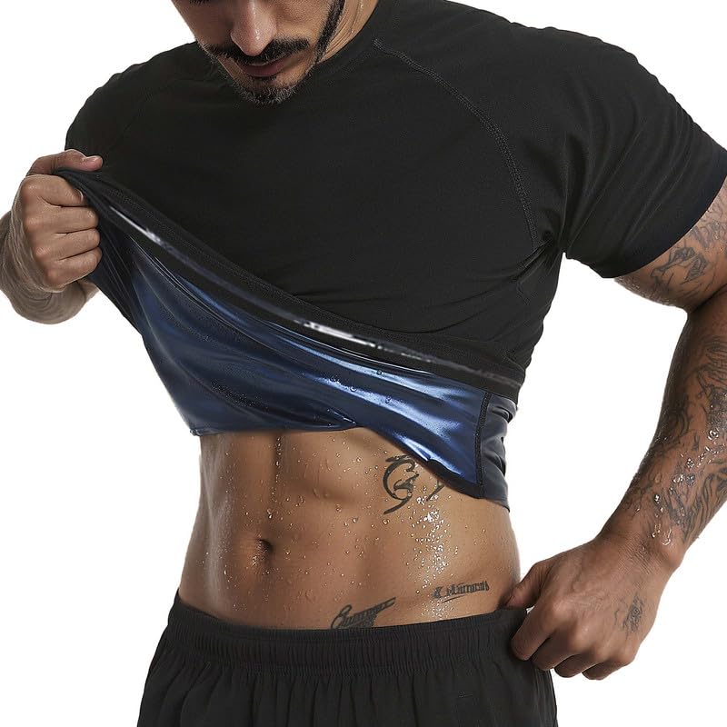 Men's Sauna Shirt - Short Sleeve Compression Workout T-Shirt - Black, Large