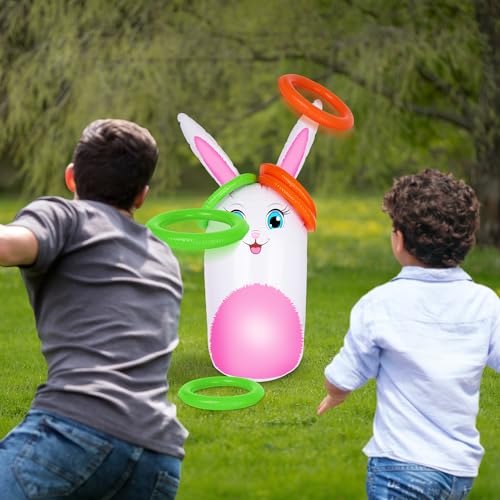Outdoor Easter Bunny Ring Toss Game with Inflatable 34-Inch Bunny and 6 Rings