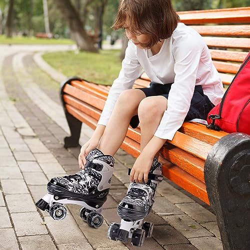 Kuxuan Adjustable Kids Roller Skates - Camo Black, Large (Youth 4-7 US) with Illuminating Wheels