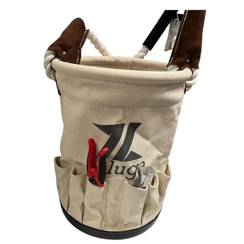 20-385 28 oz. Utility Canvas Bucket with Heavy Duty Plastic Bottom, Collapsible Canvas Bucket, 12 Outside Pockets Organizers Bolt Bucket, White