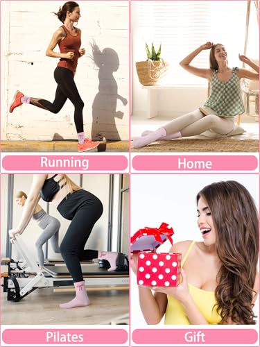 Pilates Grip Socks for Women - Non-Slip, 3 Pairs, Pink Bow