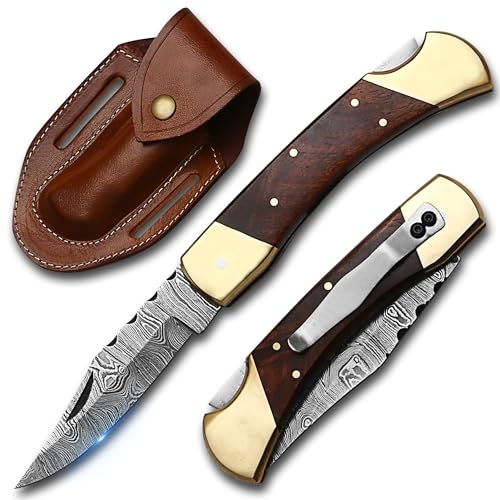 Bodacious Knives Damascus Folding Pocket Knife with Walnut Wood Handle and Sheath