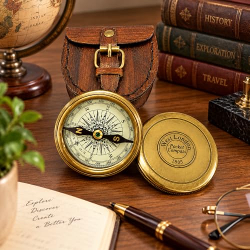 Vintage Brass Pocket Compass with Leather Case - Nautical Navigational Gift for Hiking & Outdoors