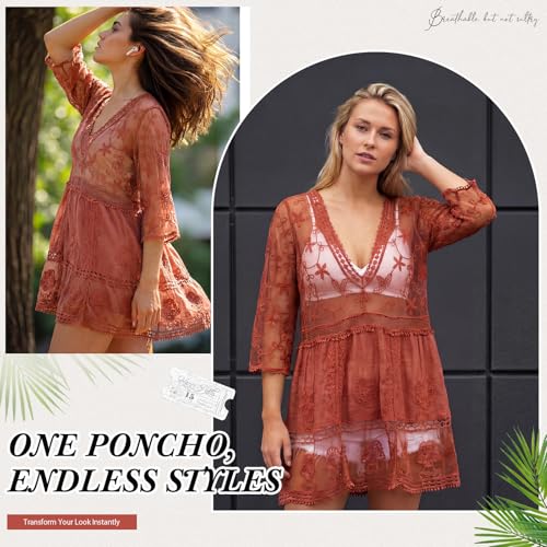 Cuffbow Rust Red Boho Lace V-Neck Beach Cover-Up for Women - Swim Dress