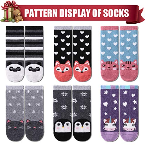SDBING Kids Merino Wool Hiking Socks 8-12y - Toddler & Kids Warm Thick Thermal Crew Socks (6 Pairs) - Animal Print