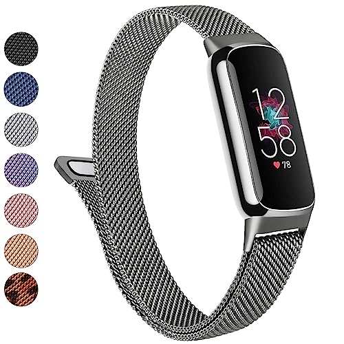 Vanjua Space Gray Metal Fitbit Luxe Band Stainless Steel Mesh Loop Adjustable Magnetic Strap