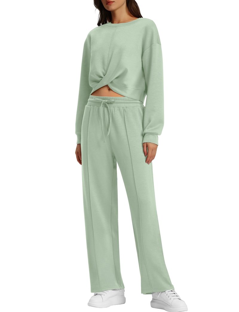 WIHOLL Matching Sets For Women Loungewear Twist Front Crop Sweatshirt Wide Leg Sweatpant Casual Lounge Sets Light Green L